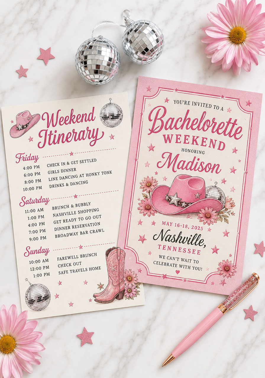Printable last disco rodeo bachelorette weekend itinerary template with pink western design