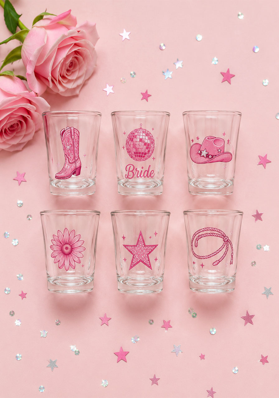 Last disco rodeo bachelorette party shot glasses with pink western and disco ball designs