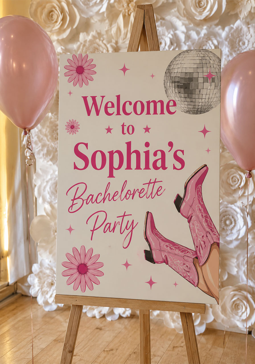 Last disco rodeo bachelorette party welcome sign on wooden easel with pink cowboy boots and disco ball