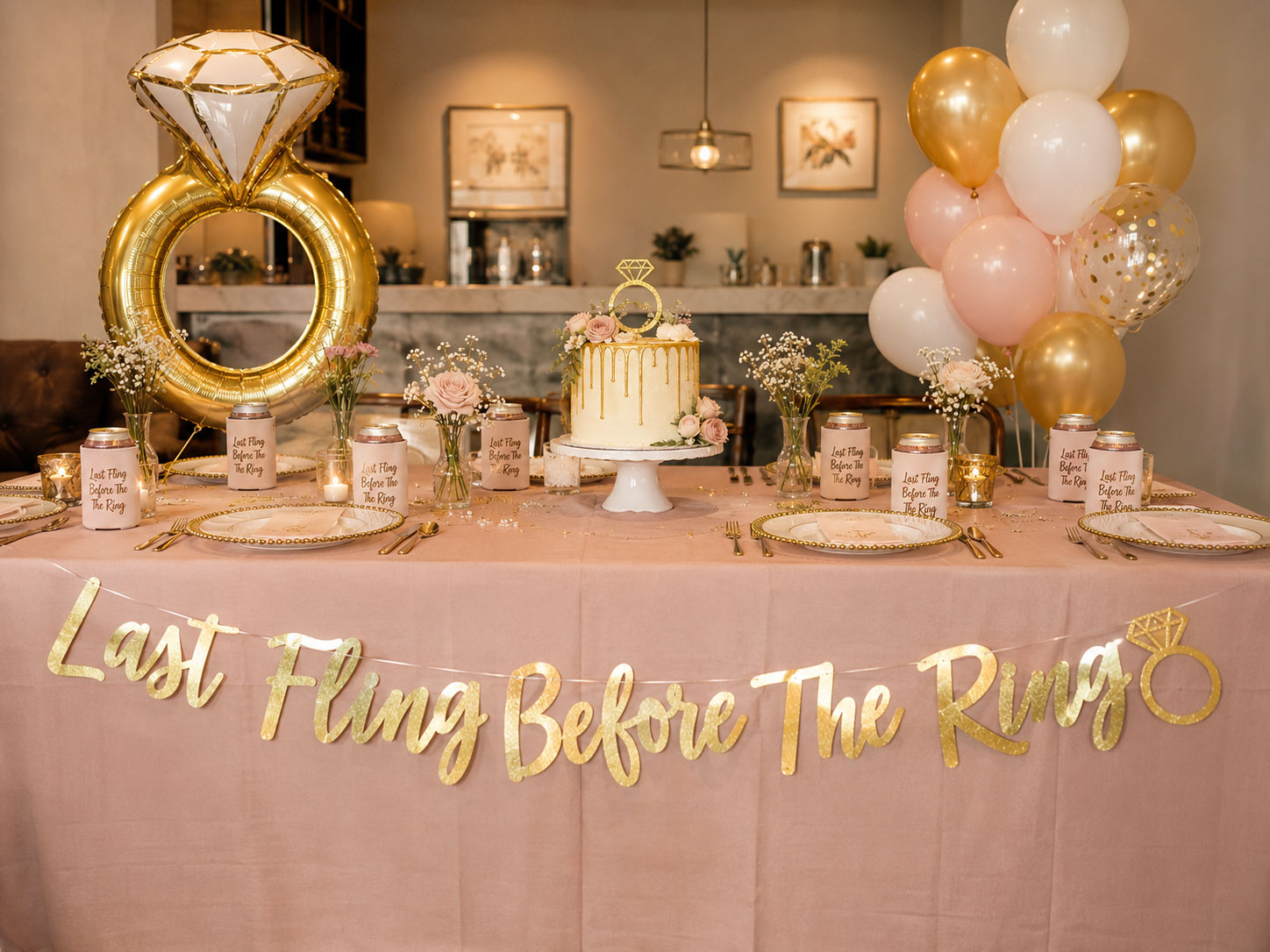 Last Fling Before the Ring bachelorette party decorations with ring balloon, gold banner, and ring-themed cake