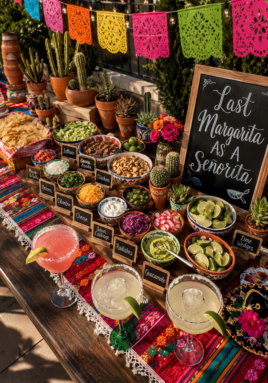 Last Margarita as a Señorita bachelorette party decorations with taco bar, papel picado, and cactus centerpieces