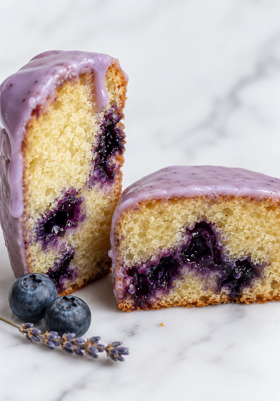 Cross section of a lavender blueberry tea cake showing fluffy golden crumb interior with blueberry pockets and purple lavender glaze