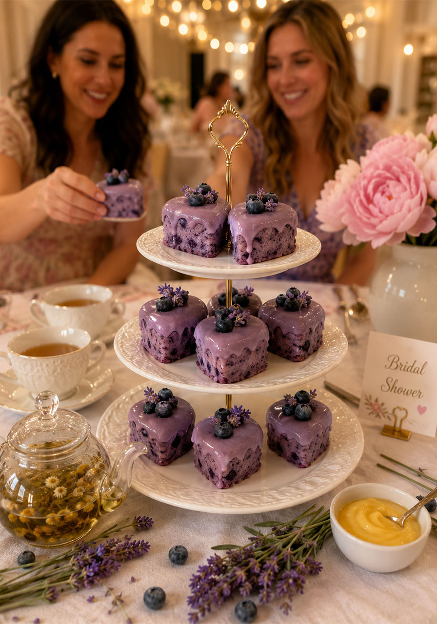 Elegant bridal shower dessert table featuring lavender blueberry tea cakes on a tiered stand with tea service and fresh lavender decor