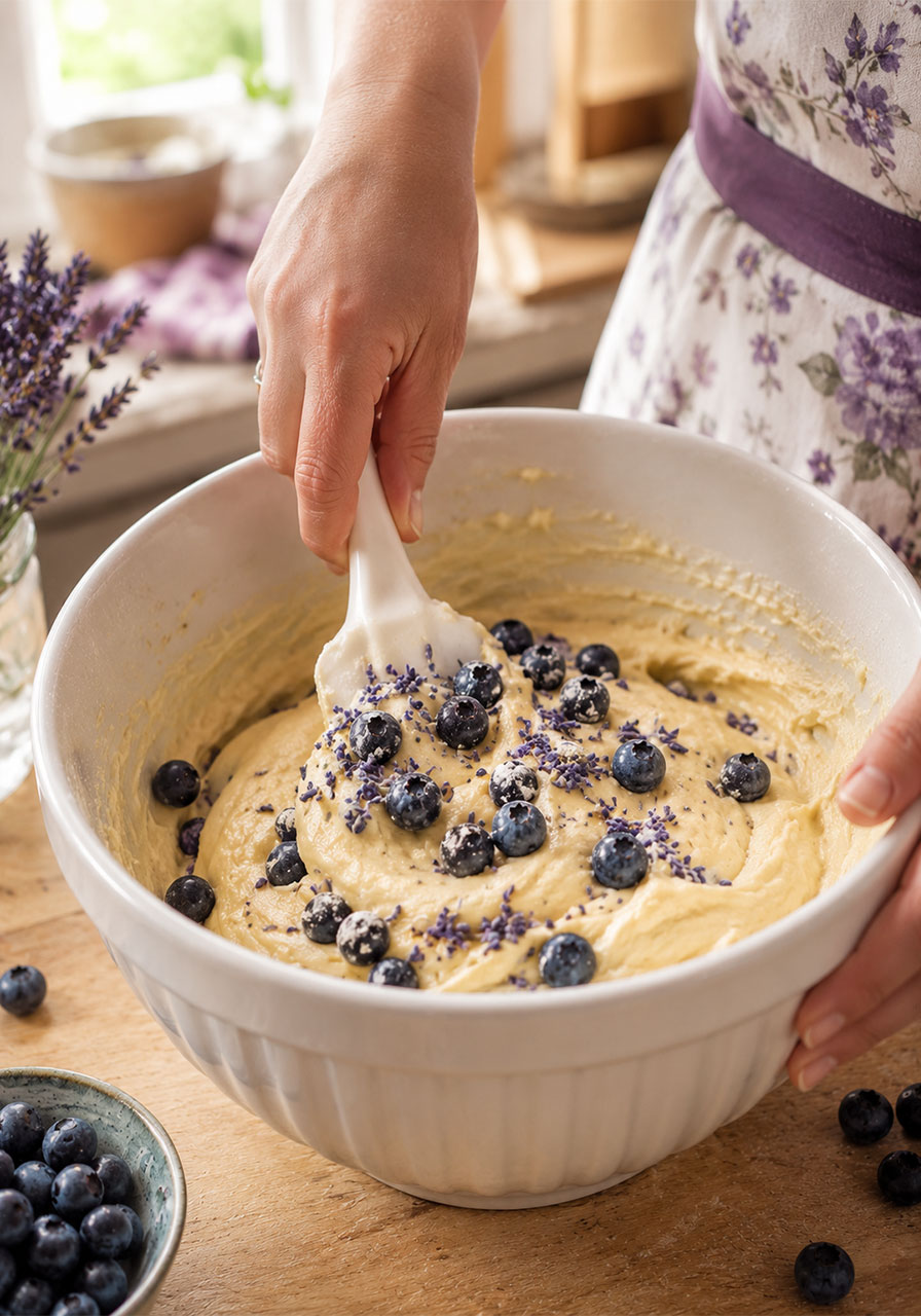Folding fresh blueberries and dried culinary lavender into lavender blueberry tea cake batter using a rubber spatula	