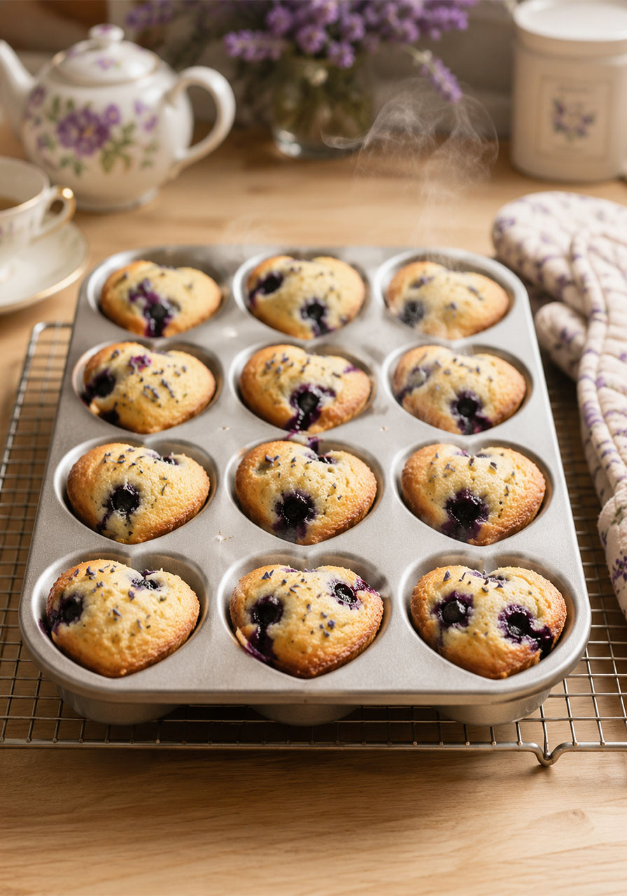Freshly baked lavender blueberry tea cakes golden brown in a heart-shaped mini cake pan on a wire cooling rack