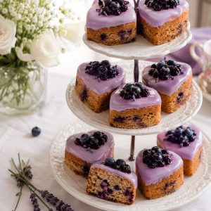 Heart-shaped lavender blueberry tea cakes with purple glaze on a three-tiered cake stand for a party display