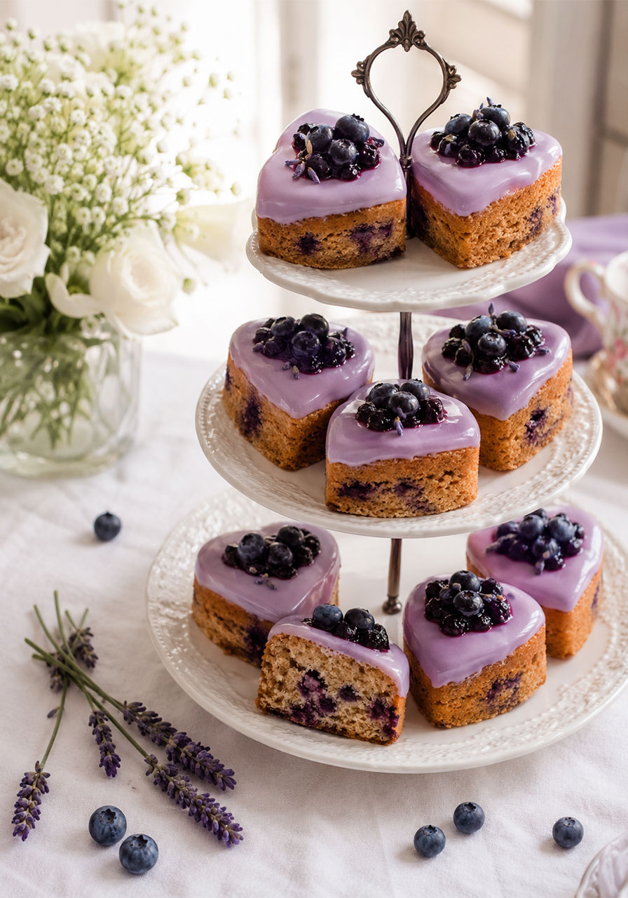 Heart-shaped lavender blueberry tea cakes with purple glaze on a three-tiered cake stand for a party display