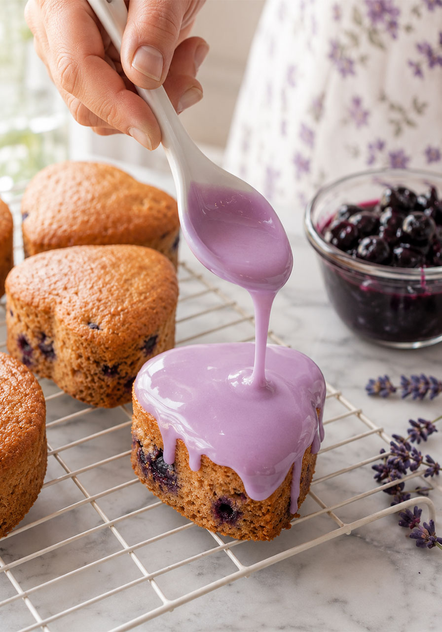 Pouring smooth pale purple lavender glaze over a heart-shaped lavender blueberry tea cake on a wire rack