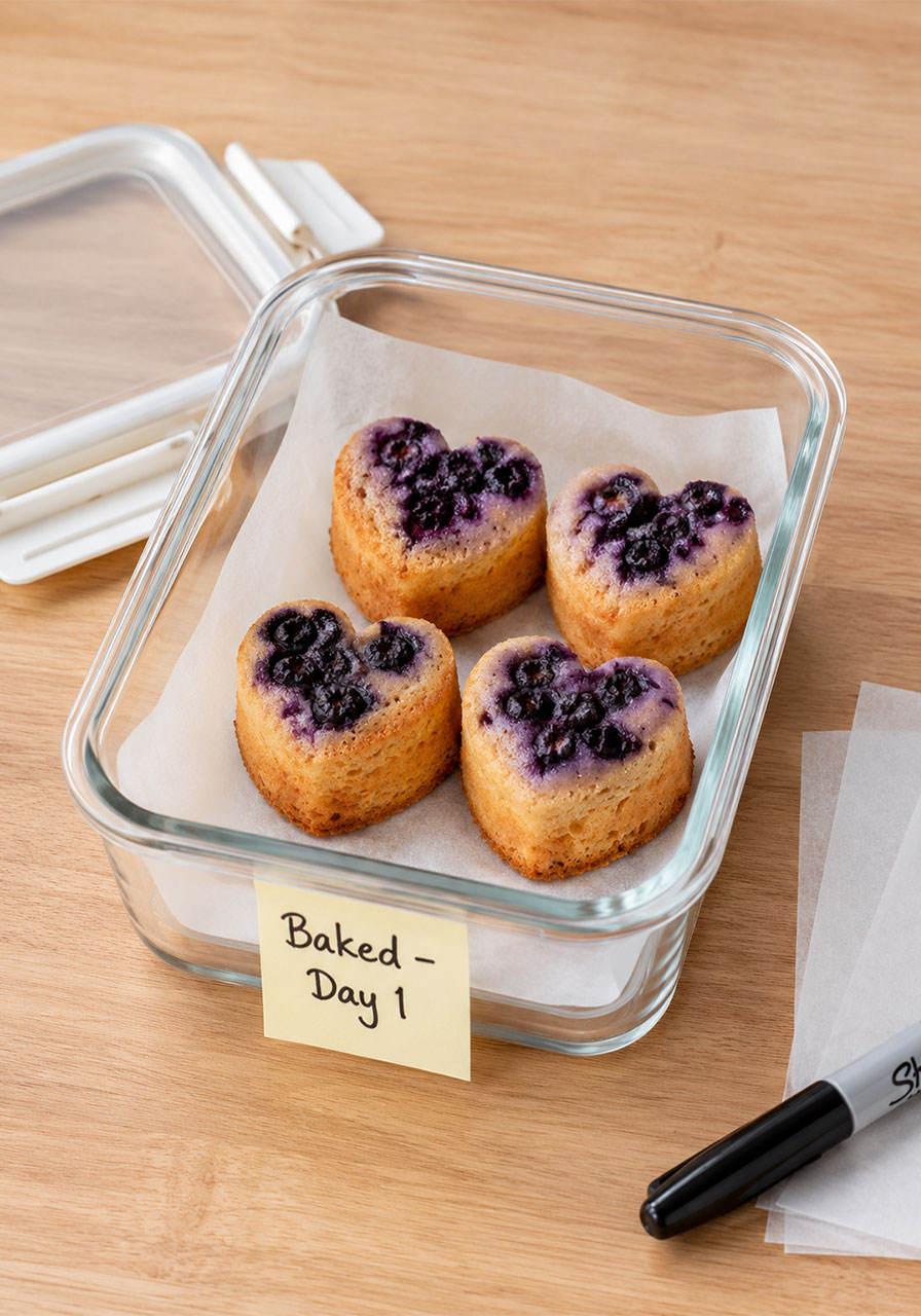 Unglazed lavender blueberry tea cakes stored in a clear airtight container for make-ahead party prep