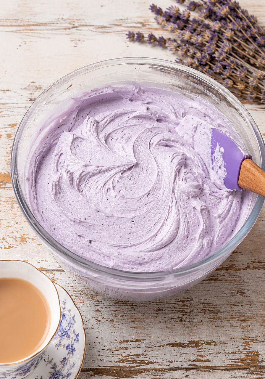 Fluffy lavender vanilla bean cream cheese frosting in mixing bowl for London Fog cake