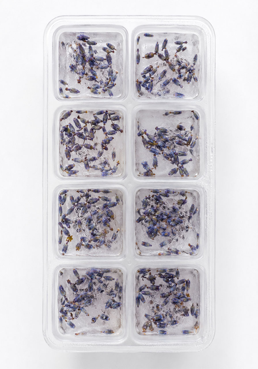 Lavender petal ice cubes in a tray, ready to chill lavender tea lemonade