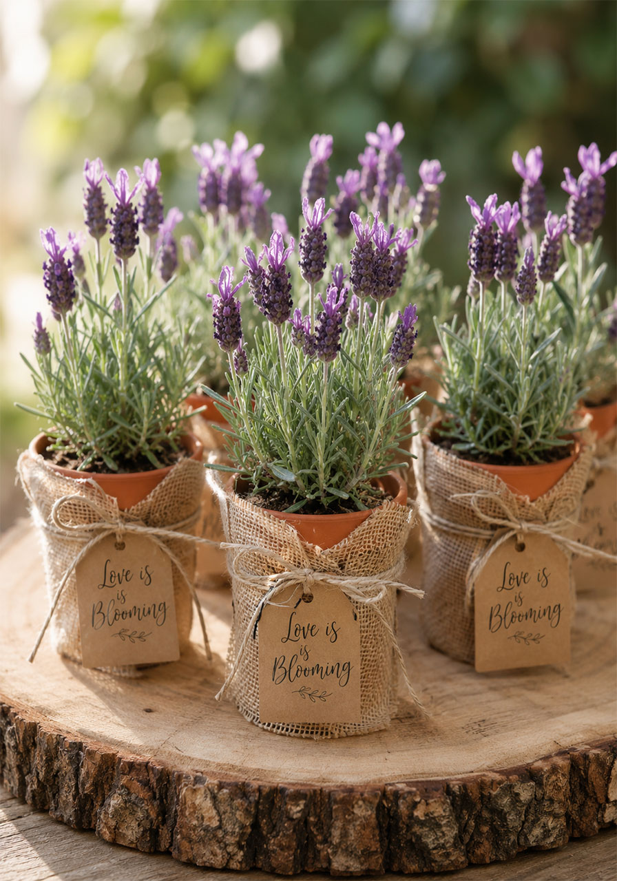 Lavender plant party favors in terracotta pots wrapped in burlap with "Love is Blooming" calligraphy tags for garden bridal shower