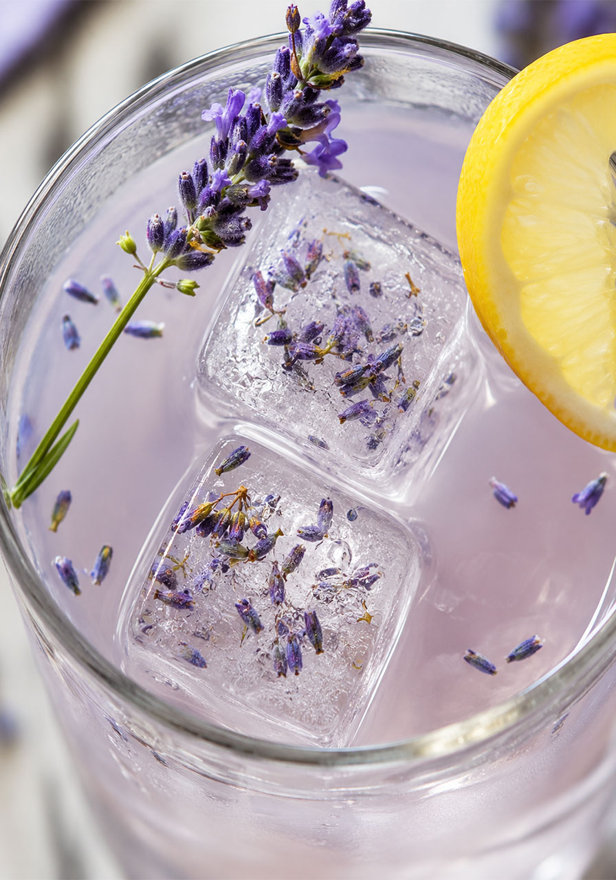 Close-up of lavender tea lemonade with lavender ice cubes and fresh lemon garnish