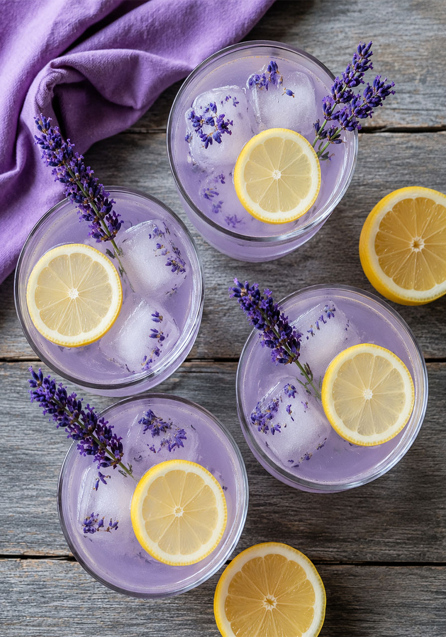 Four glasses of lavender tea lemonade garnished with lemon and lavender sprigs