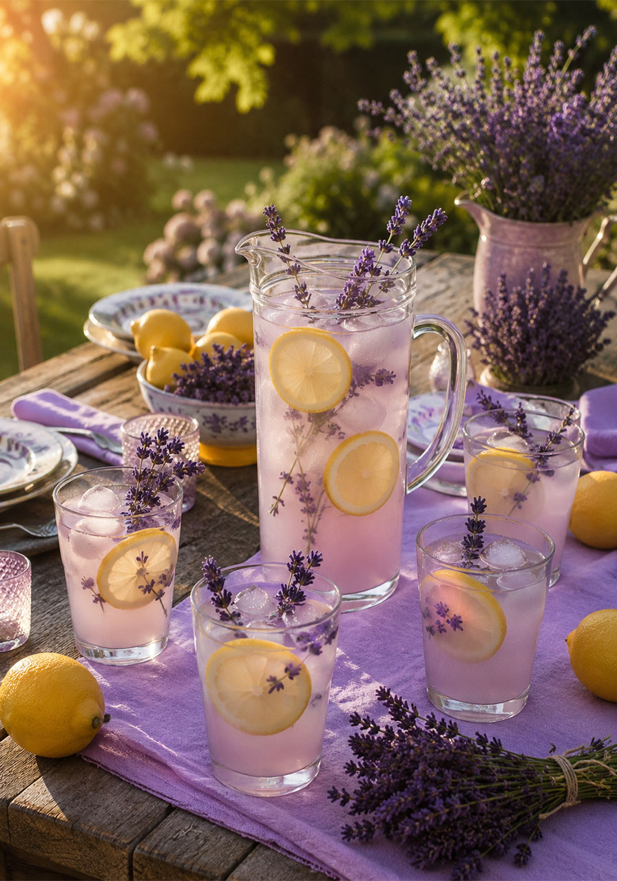 Lavender tea lemonade styled as a party drink centerpiece with lemons and lavender sprigs