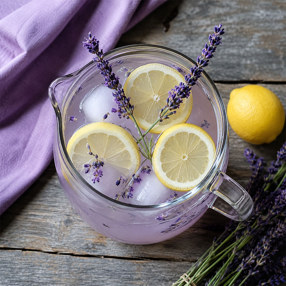 Overhead view of lavender tea lemonade pitcher garnished with lemon slices and fresh lavender sprigs