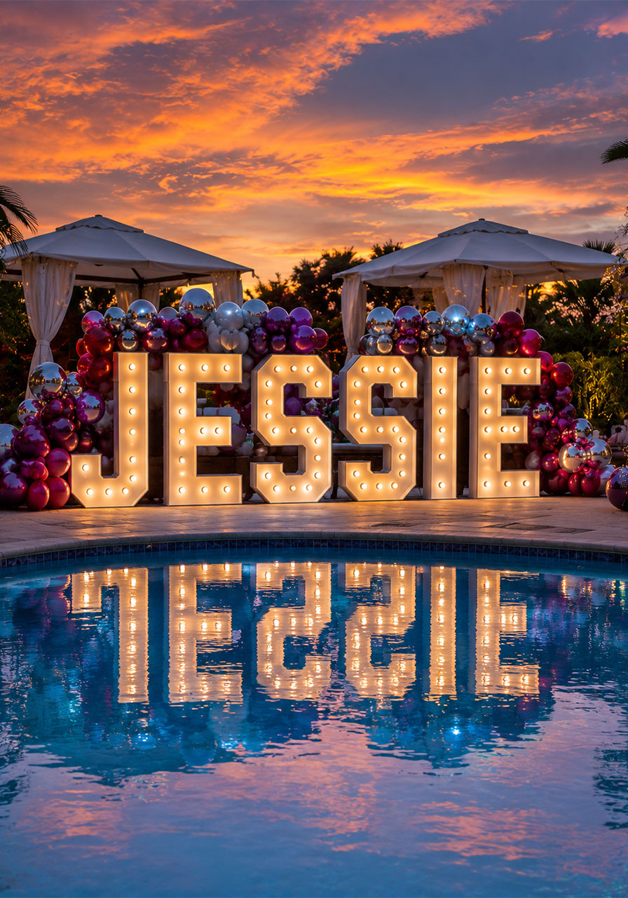 Giant illuminated LED marquee letters spelling a name glowing at dusk beside a pool at a graduation pool party