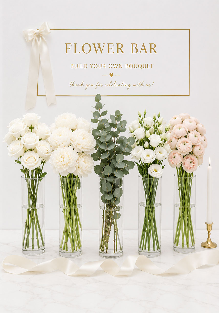 Elegant minimalist bridal shower flower bar with single variety white roses peonies eucalyptus and ranunculus in glass cylinder vases