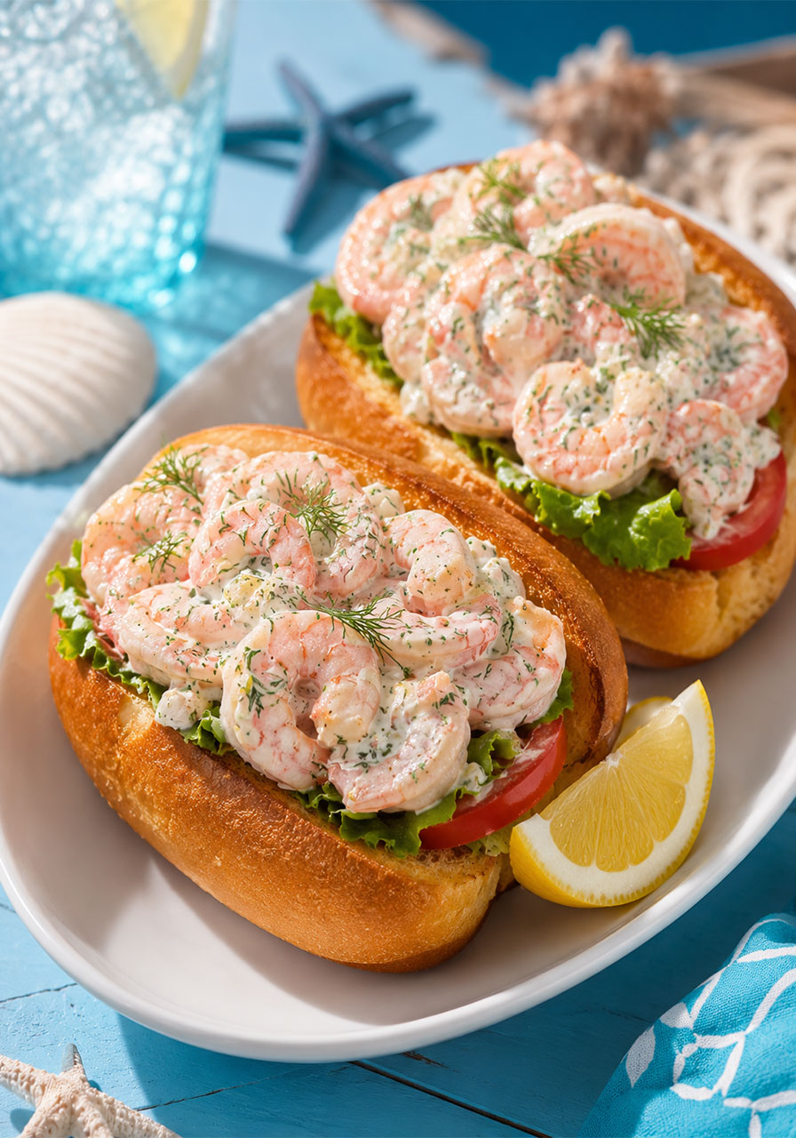 Lemon dill shrimp sandwiches in toasted hoagie buns with creamy mayo dressing – easy pool party seafood lunch