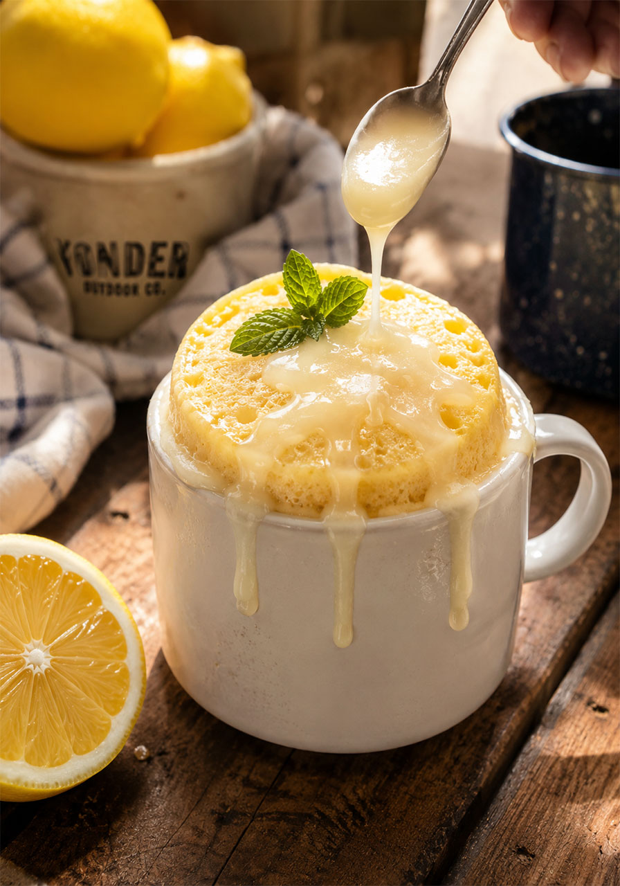 Lemon mug cake with glossy lemon glaze drizzle in a white ceramic mug, single serve microwave dessert