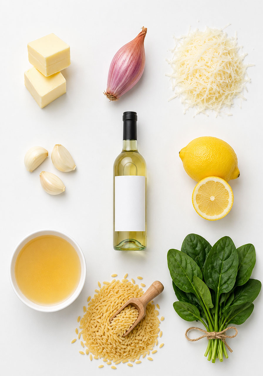 Butter, garlic, shallot, lemon, parmesan, and orzo pasta ingredients laid out