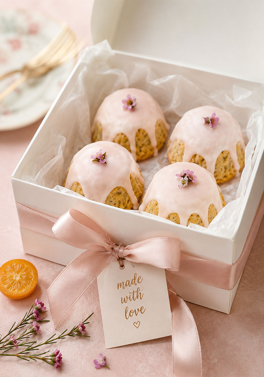 Glazed mini lemon poppyseed tea cakes packaged in a white gift box with a pink ribbon as a spring party favor or hostess gift