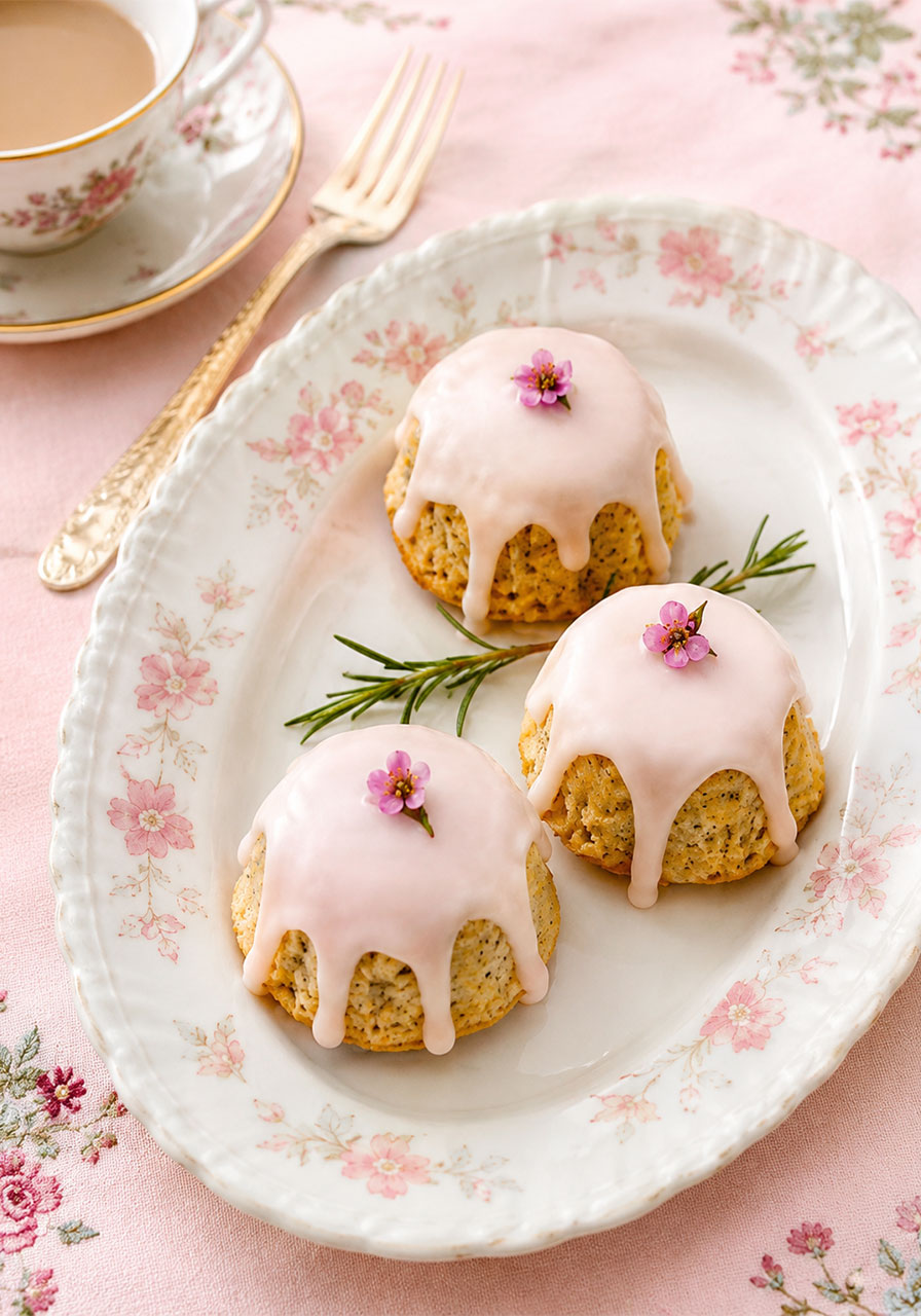 Three glazed mini lemon poppyseed tea cakes with pink blush glaze on a vintage floral serving platter for a spring party