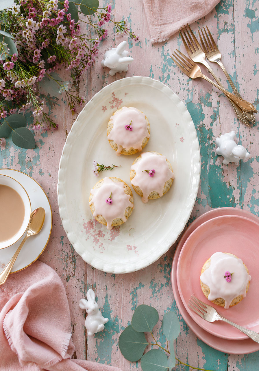 Glazed mini lemon poppyseed tea cakes styled on a spring tea party flat lay table with flowers and teacups