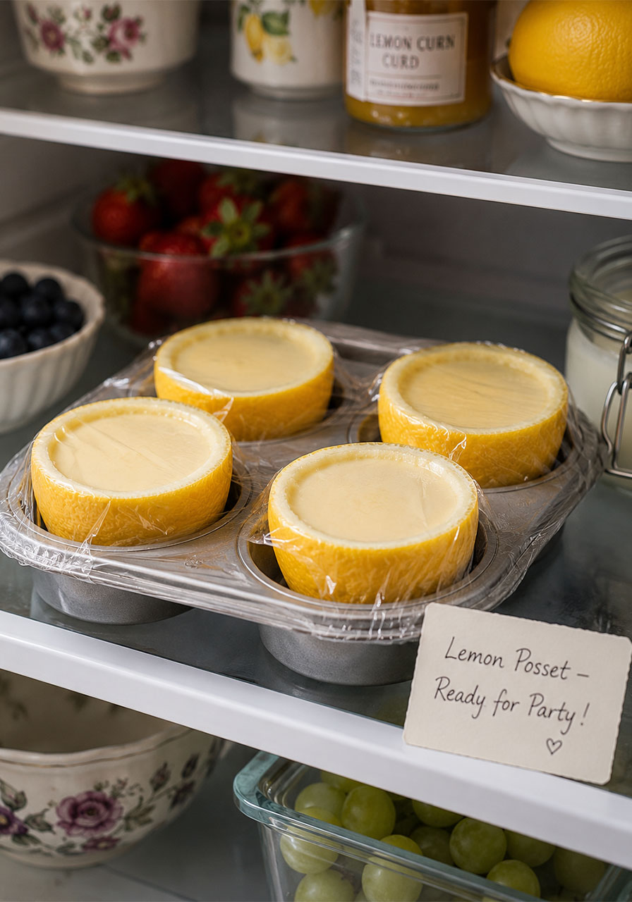 Lemon posset desserts in lemon shells covered with plastic wrap stored in the refrigerator in a muffin tin for make-ahead party prep