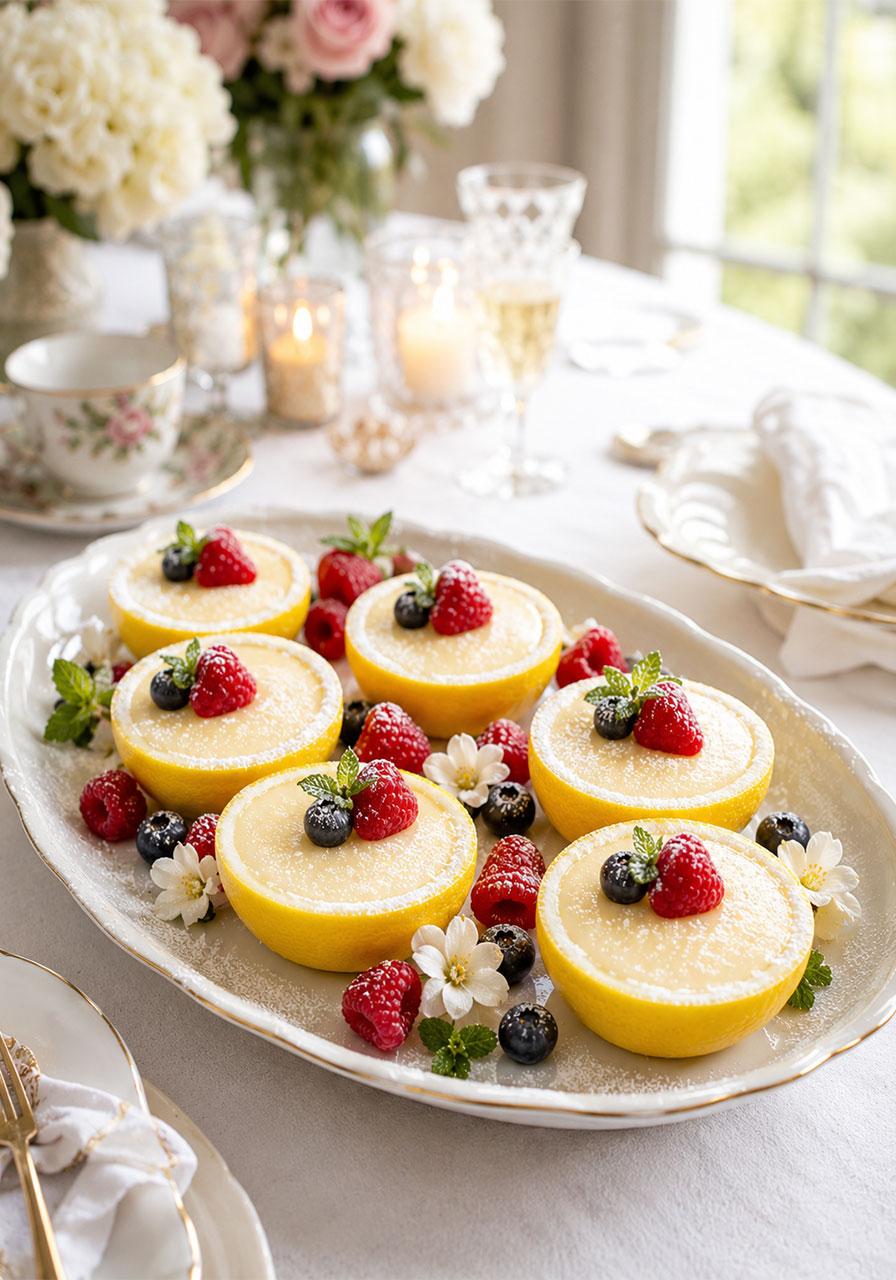 Easy lemon posset party dessert platter with raspberries, edible flowers, and powdered sugar for entertaining