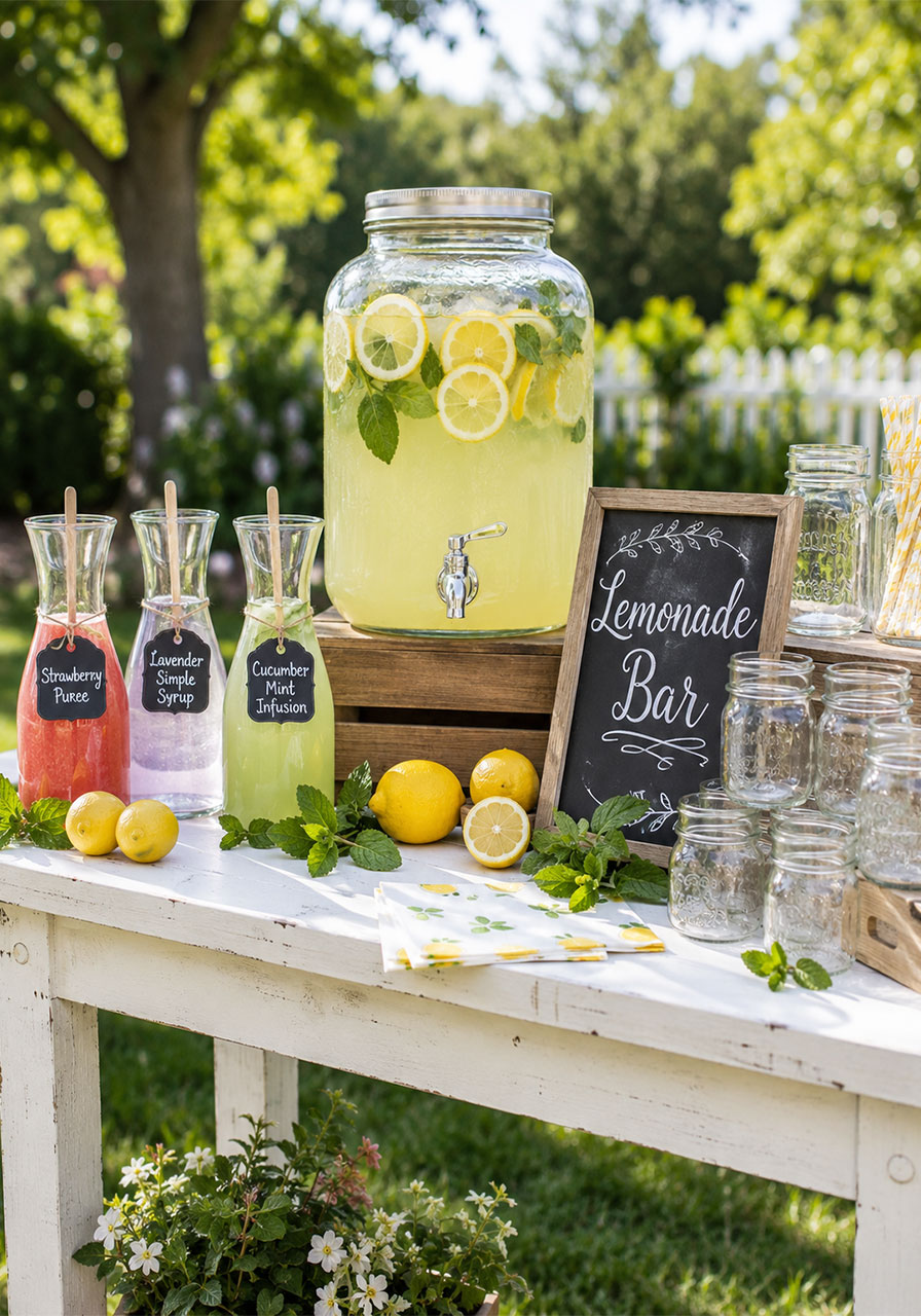 DIY self-serve lemonade bar station with flavored syrups and mason jars for summer party