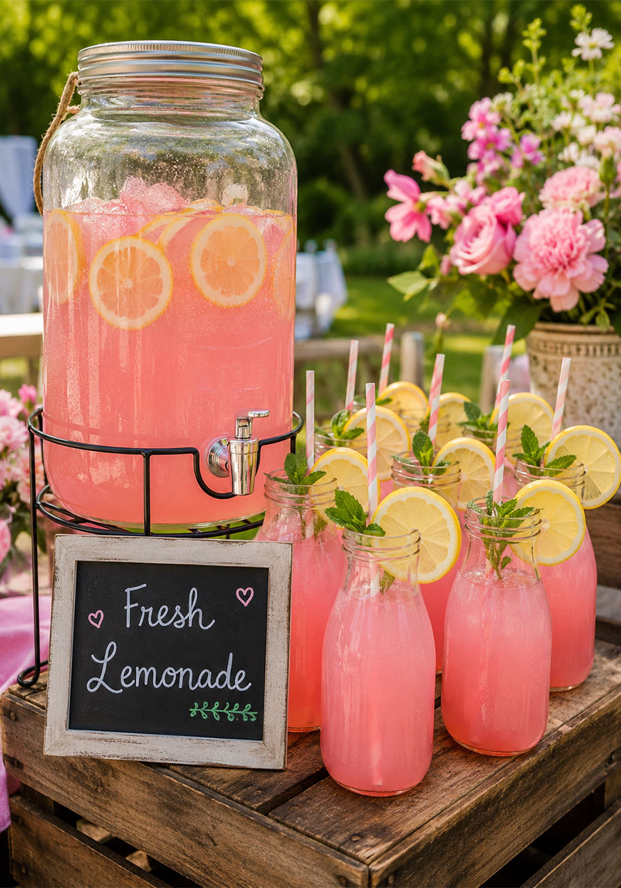 Outdoor lemonade station with pink lemonade in glass bottles and fresh lemon garnish for a graduation pool party