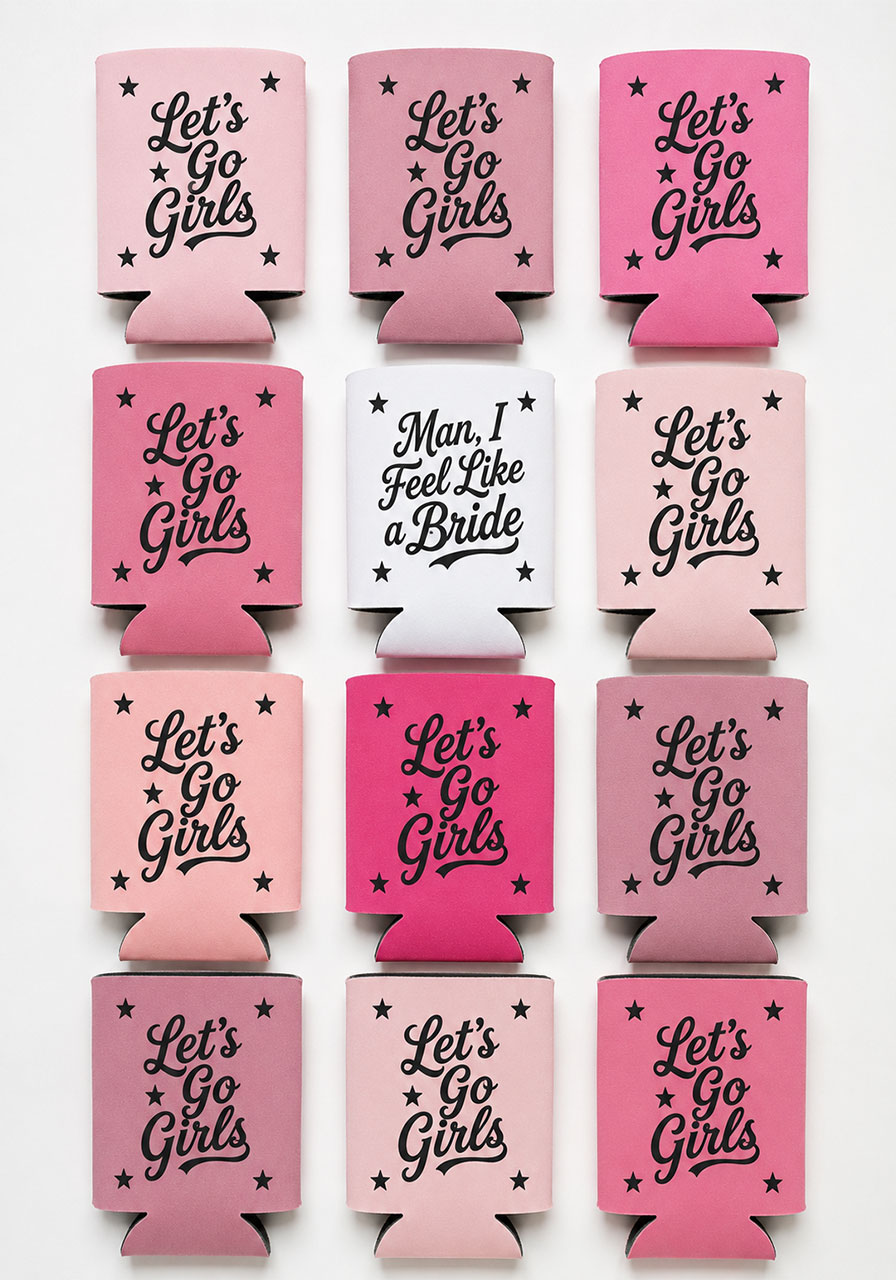 Let's go girls can cooler cozies set for last disco rodeo bachelorette party in pink and white