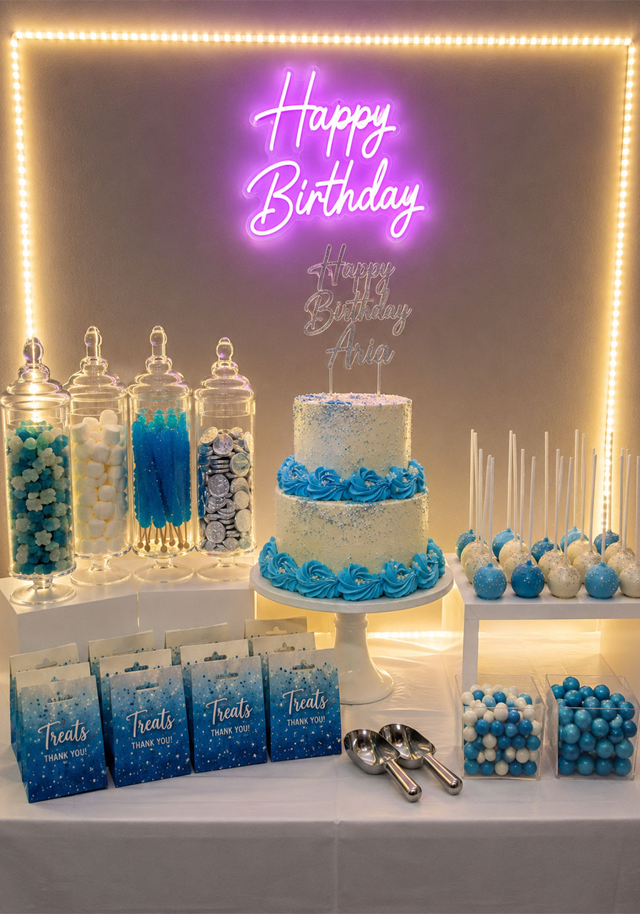 Light-up birthday party candy and dessert bar with LED strip lighting, clear candy jars, and tiered cake display