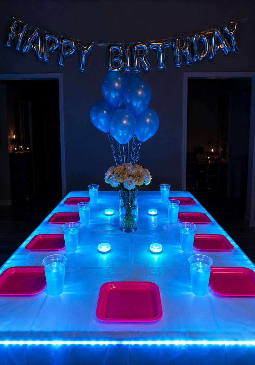 LED light-up birthday party table with glowing aqua strip lights, neon plates, and blue balloon centerpiece