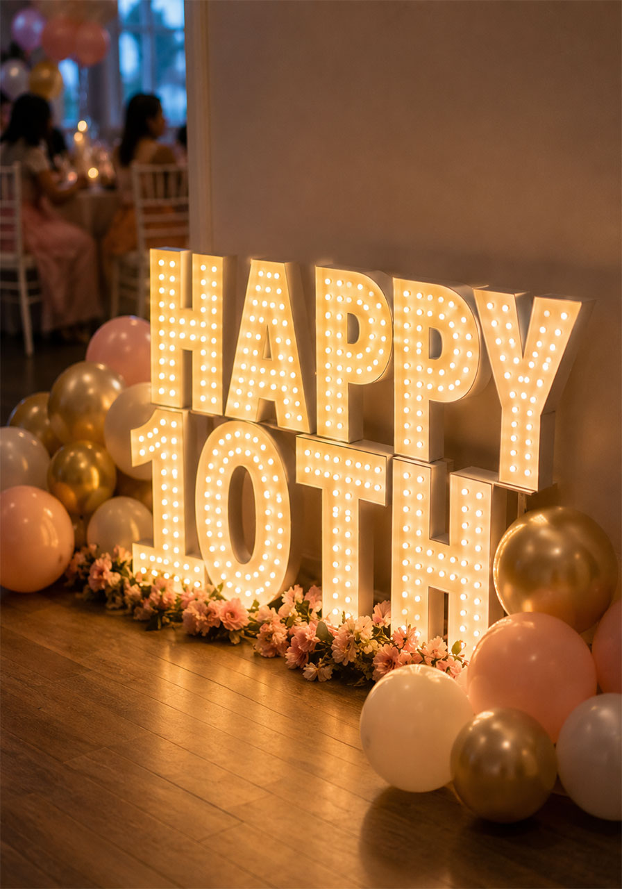 Light up LED marquee letters spelling Happy 10th surrounded by gold and blush balloons on the floor as a glowing birthday party decoration focal point