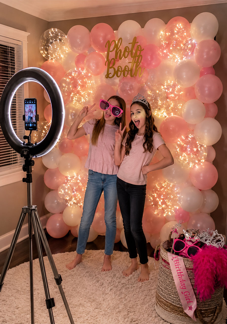 Birthday party photo booth corner with ring light, balloon backdrop, and prop basket for kids to pose with