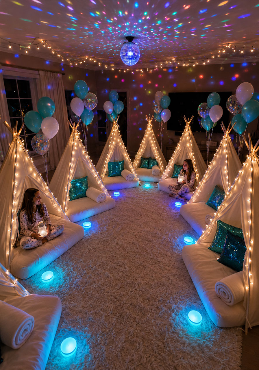 Light-up teepee sleepover birthday party setup with fairy lights and LED glowing puck lights on white rug