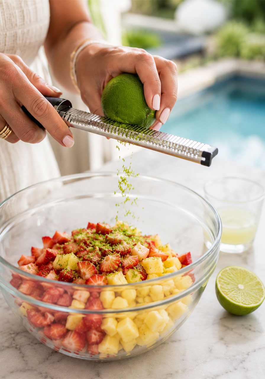 Zesting a fresh lime into a bowl of strawberry pineapple salsa to add bright citrus flavor