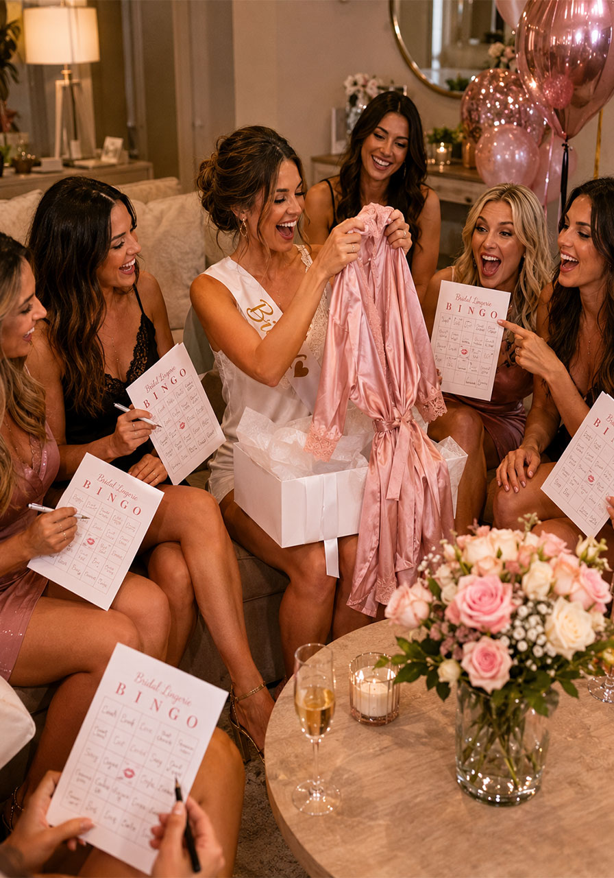Bride opening lingerie shower gifts while guests play bingo with printed cards at bachelorette party