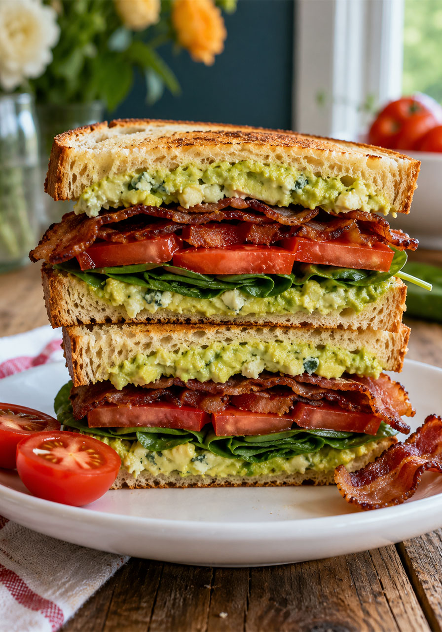 Loaded avocado BLT sandwich with Gorgonzola cheese cut in half showing all layers, a no-cook summer lunch idea