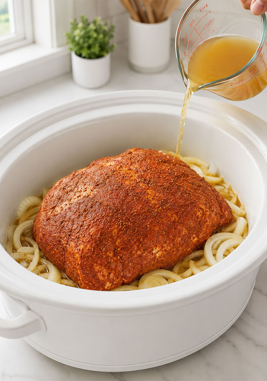 Raw spice-rubbed pork shoulder loaded into a white slow cooker on a bed of sliced onions, chicken broth being poured around the sides for crock pot BBQ pulled pork recipe