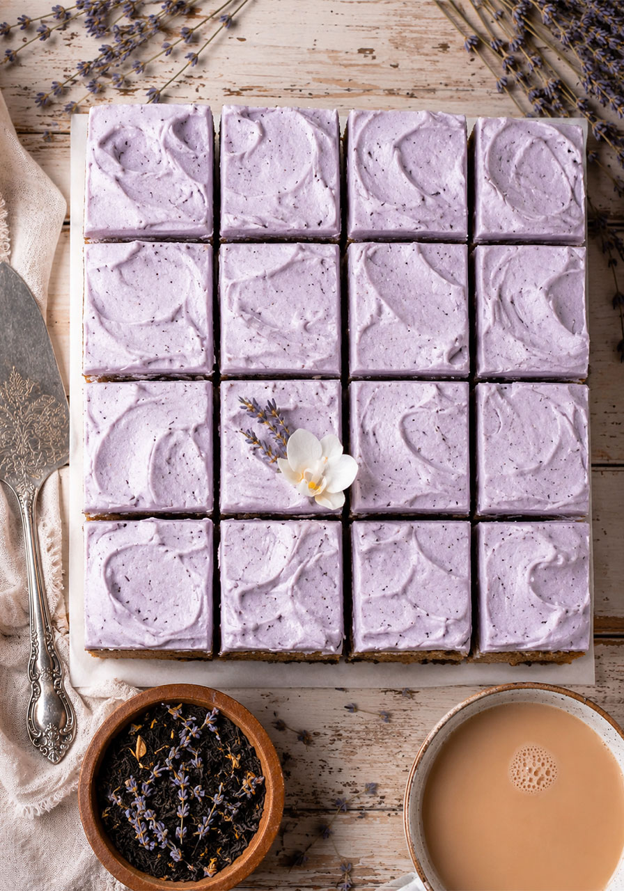 Overhead view of London Fog cake cut into 16 squares with lavender cream cheese frosting and Earl Grey tea