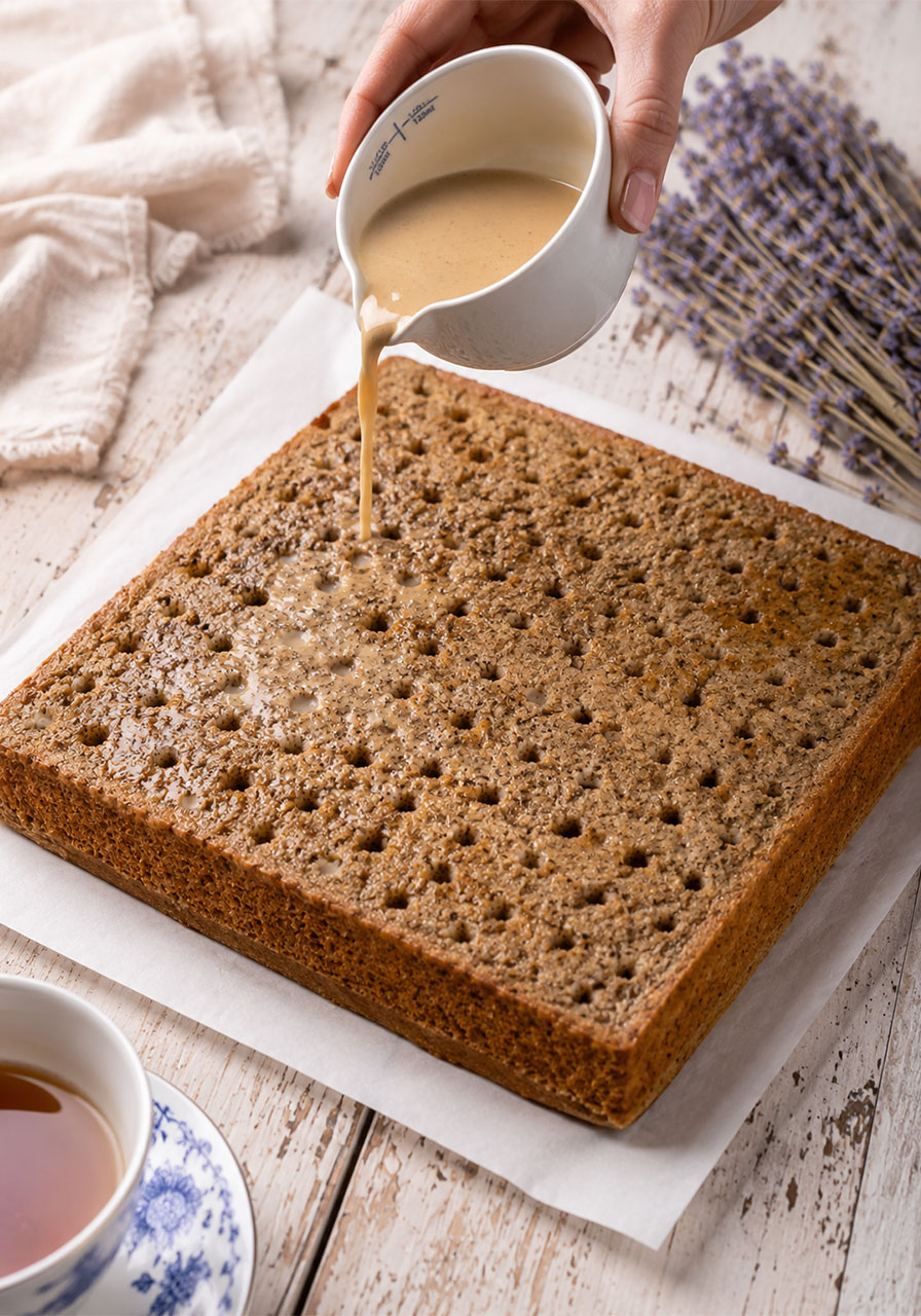 Pouring Earl Grey sweetened condensed milk soak over poked holes in London Fog sheet cake