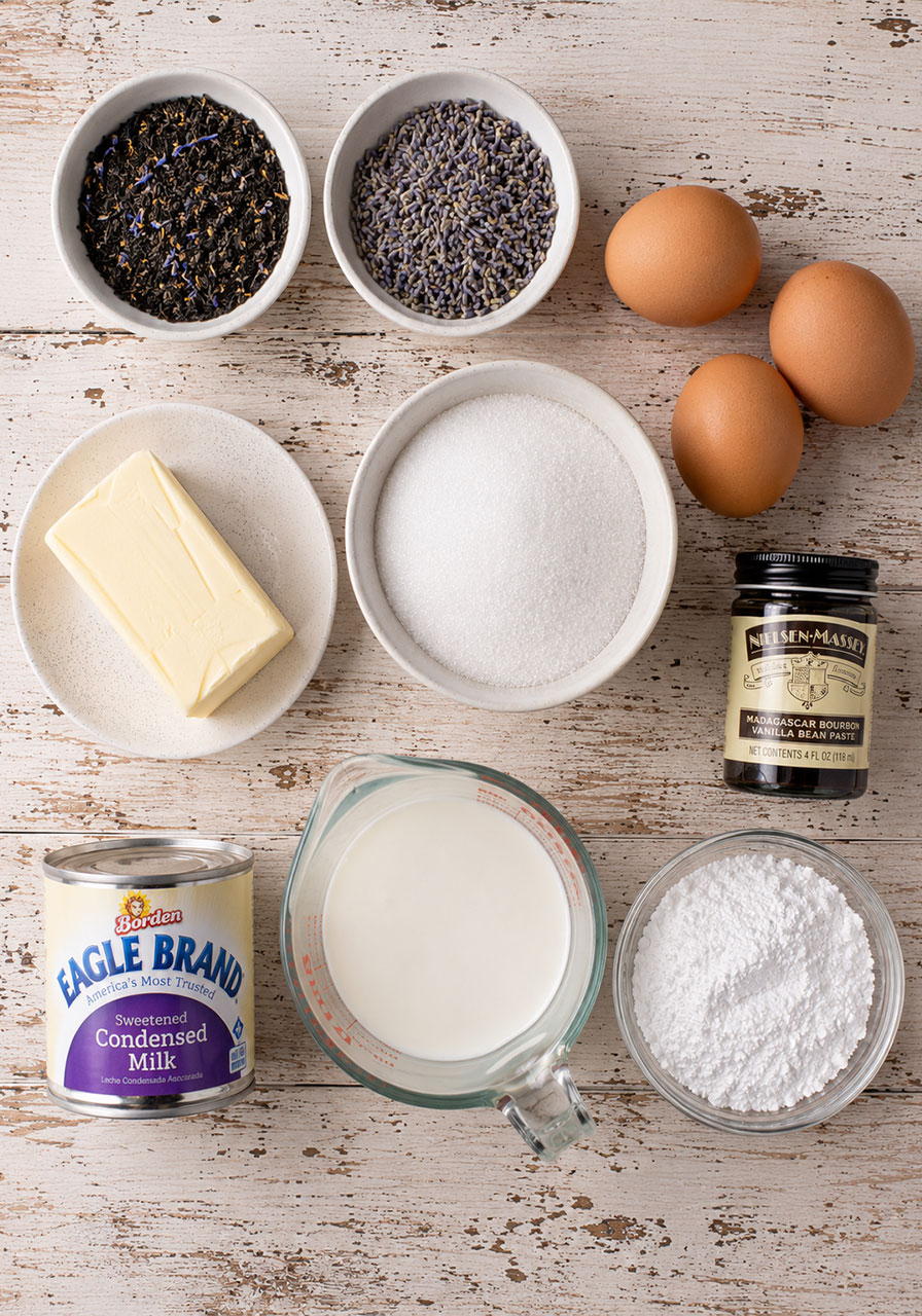 All ingredients for London Fog cake including Earl Grey tea, lavender, buttermilk and condensed milk laid out flat