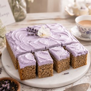 London Fog Earl Grey lavender sheet cake styled as party centerpiece for bridal shower dessert table