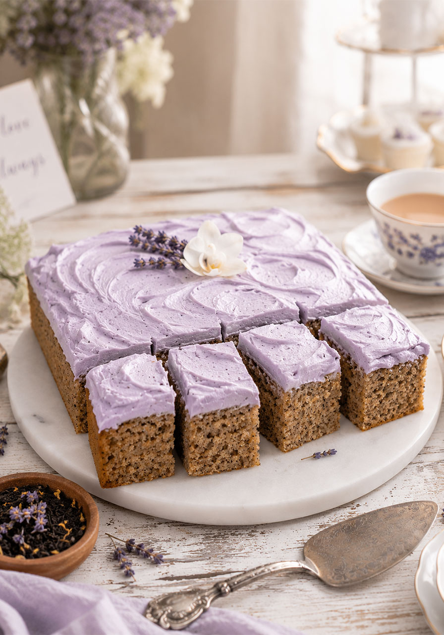 London Fog Earl Grey lavender sheet cake styled as party centerpiece for bridal shower dessert table