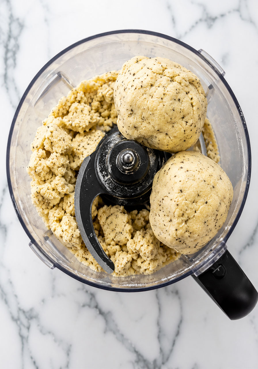 Earl Grey cookie dough mixed in a food processor before chilling
