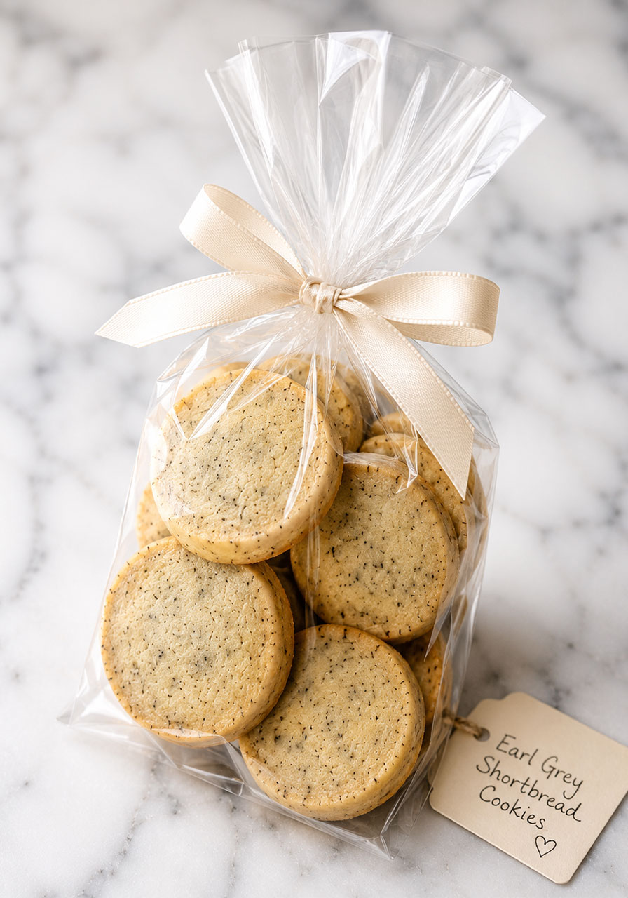 London Fog tea cookies packaged as a homemade gift in a ribbon-tied bag