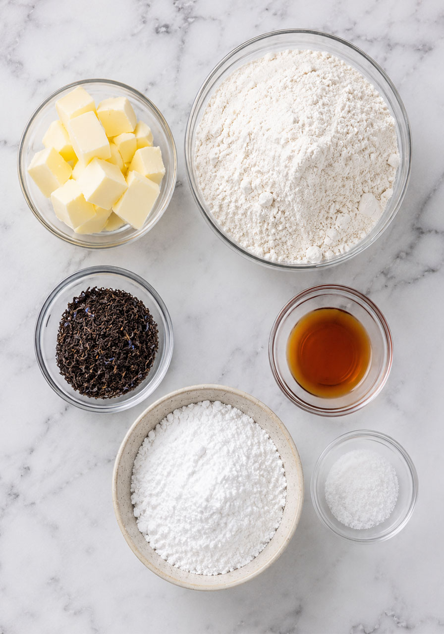 Ingredients for London Fog tea cookies including Earl Grey tea, butter, flour, and vanilla